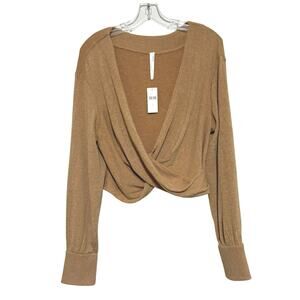 Anthropologie Tan Cropped Twist Front V-Neck Long Sleeves Sweater Size M